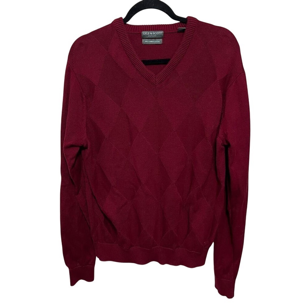 Lyle‎ & Scott Burgundy V-Neck Diamond Pattern Cotton Sweater Classic Menswear